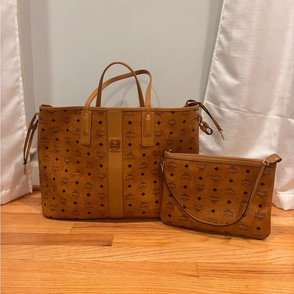 MCM Brown and Blue Tote with Pouch - Picture 3 of 7